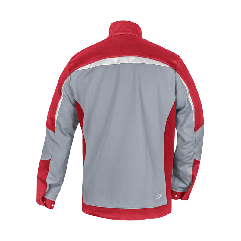 Rückansicht der HB ArcSelect MultiNorm Jacke 4 kA + 7 kA | APC2 von HB Protective Wear in Rot-Grau mit Stehkragen und reflektierendem Streifen