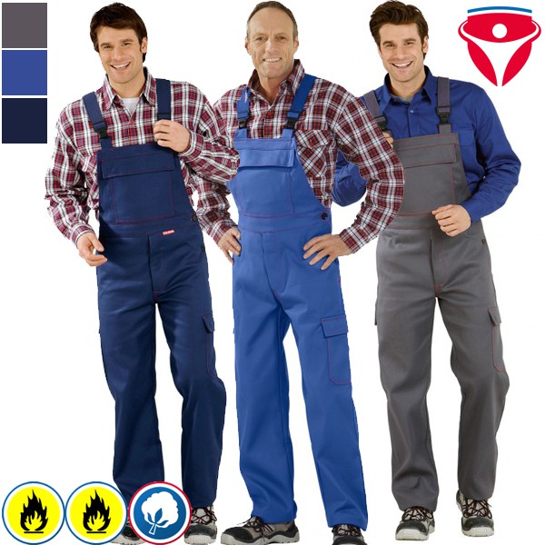 Drei Herren tragen robuste Arbeitslatzhosen in Dunkelblau, Blau und Grau mit verstellbaren Trägern – praktische Berufskleidung für Handwerk und Industrie
