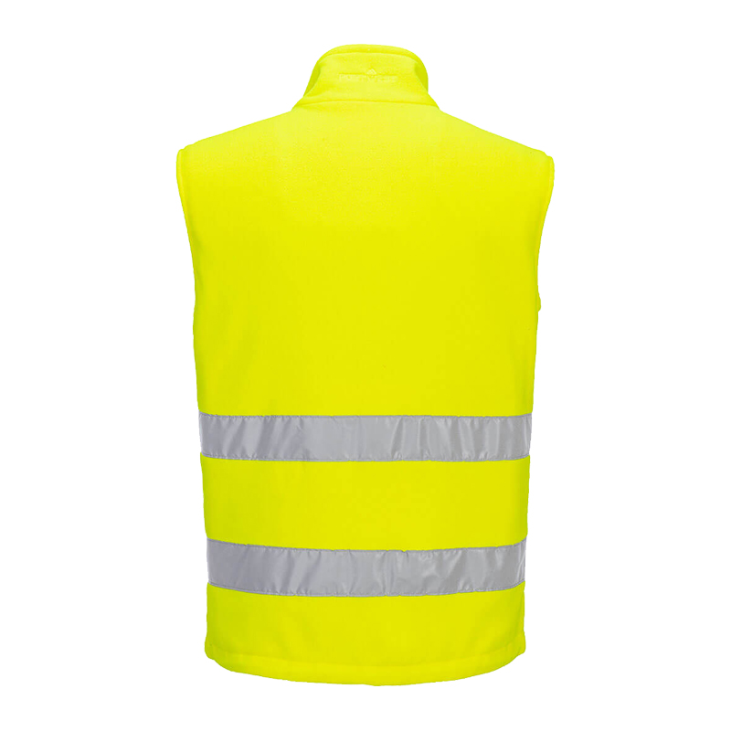 Rückansicht der PortWest PW231 Warnschutz Fleece Weste mit Mesh Innenfutter in Gelb mit reflektierenden Streifen