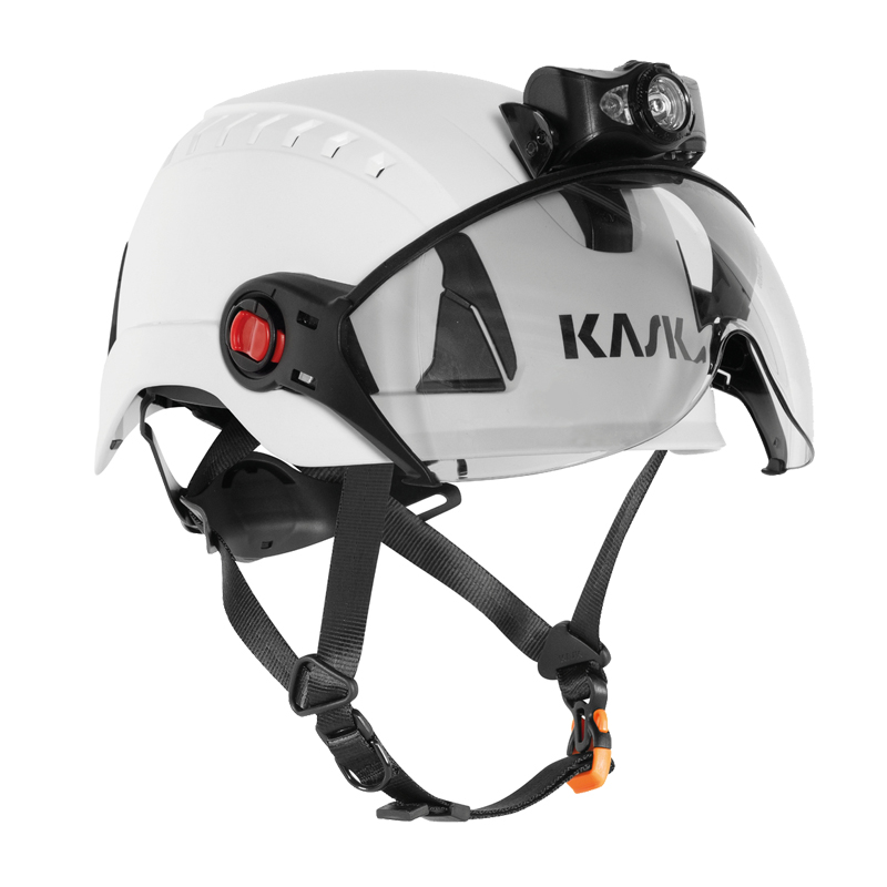 KASK KL-2 HEAD LAMP Stirnlampe IP54 mit 5 Funktionen, montiert an einem weißen Kask Industriehelm mit Visier, für professionelle Helmbleuchtung im Arbeitsalltag