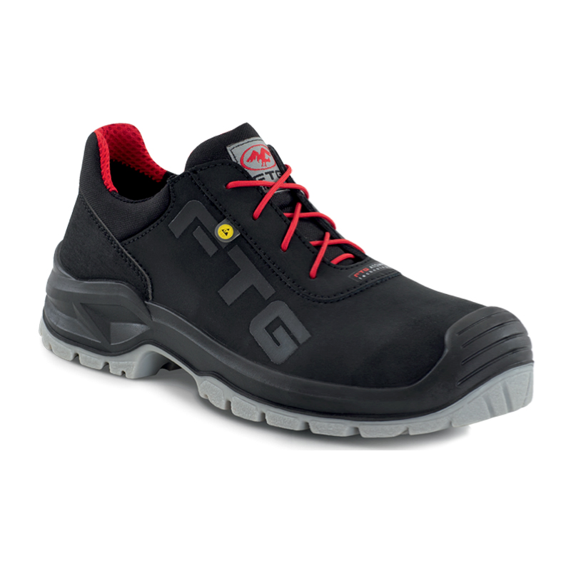 FTG Douglas S3S ESD Sicherheitsschuh metallfrei aus schwarzem, wasserabweisendem Nubukleder mit roter Schnürung, niedrige Form, Professional Line