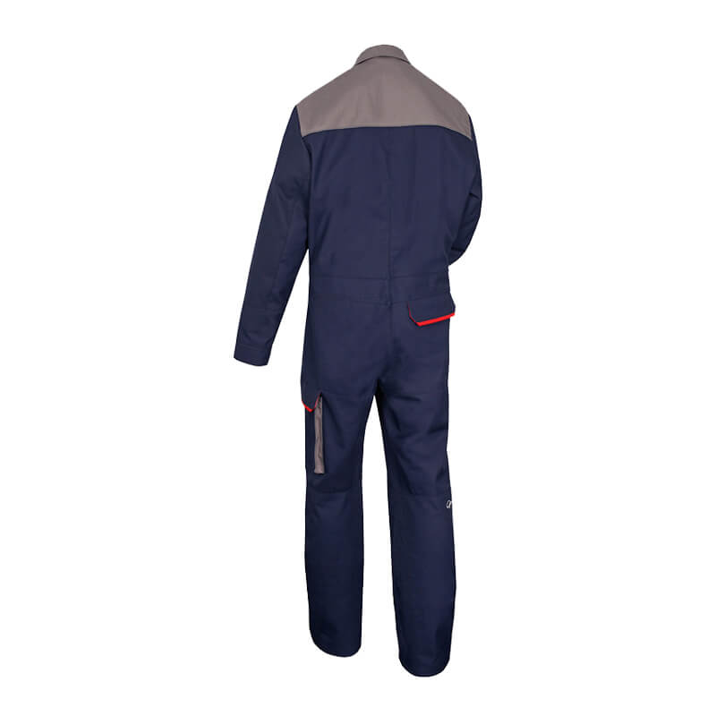 Rückansicht des HB SecureAllround MultiNorm Overall 4 kA APC1 von HB Protective Wear in Marine/Grau, flammhemmender und antistatischer Schutzoverall aus FR-Baumwolle