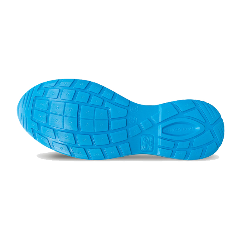 Unteransicht der blauen Laufsohle des FTG Baseball S3S ESD Sicherheitsstiefels aus der Sport Line mit griffigem Profil für sicheren Halt