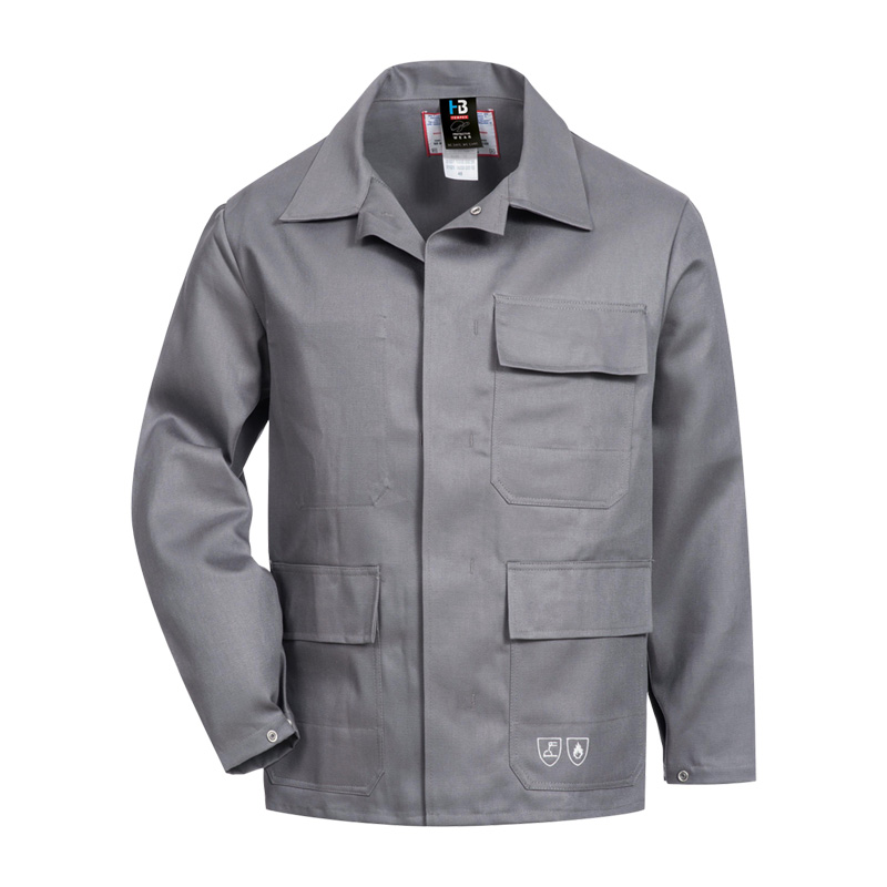 Graue HB Proban 470 Schweißerjacke Klasse 2 von HB Protective Wear mit verdeckter Frontleiste und Taschen, hitze- und funkenschutzgeeignete Arbeitsjacke aus PROBAN®-Baumwolle