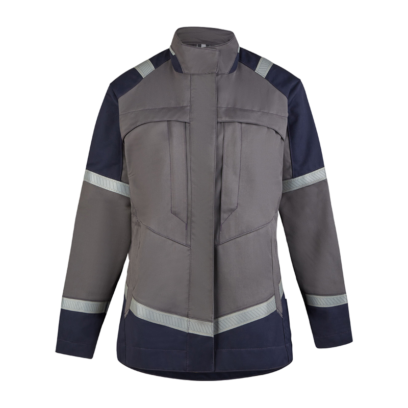 Rofa Multi-Light 2677 MultiNorm Damen Jacke 4 kA + 7 kA | APC2, graue Arbeitsjacke mit navyfarbenen Einsätzen und Reflexstreifen