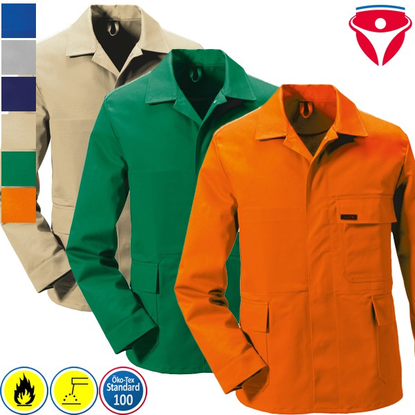 Drei robuste Arbeitsjacken in Beige, Grün und Orange mit Brusttasche und langen Ärmeln, Berufsbekleidung in mehreren Farbvarianten