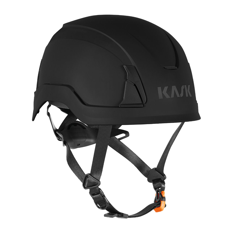 Kask PRIMERO Industriehelm EN 397 + EN 50365 in Schwarz, robuster Schutzhelm mit Kinnriemen in Seitenansicht