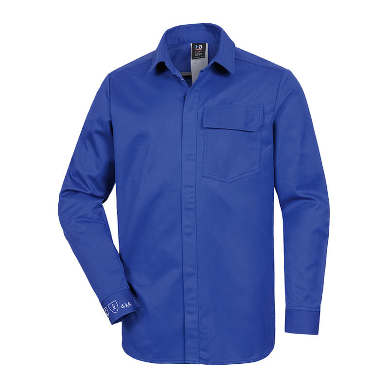 Blaues HB ArcSelect MultiNorm Hemd 4 kA | APC1 von HB Protective Wear mit Langarm, Kragen und Brusttasche
