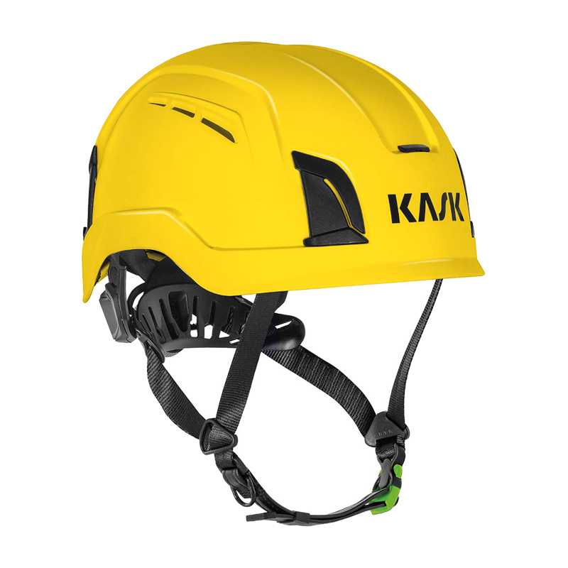 Kask KASK ZENITH-X PL Kletterhelm EN 12492 in Gelb, robuste Schutzhelm-Seitenansicht mit Kinnriemen