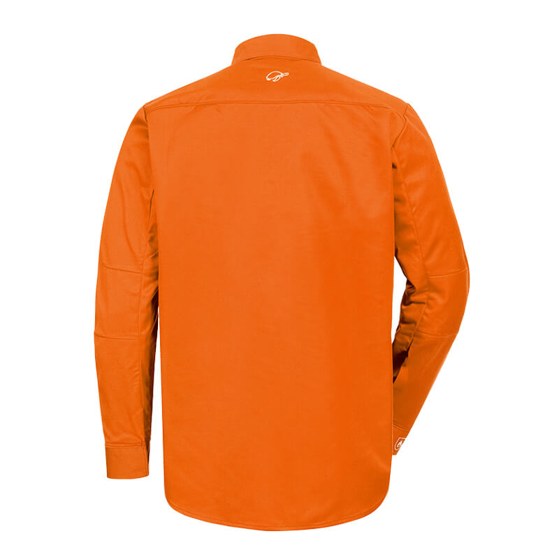 Rückansicht des orangefarbenen HB ArcSelect MultiNorm Hemds 4 kA | APC1 von HB Protective Wear, langärmliges Schutzhemd