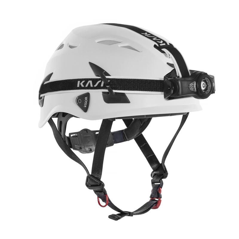 KASK KL-3 HEAD LAMP Stirnlampe mit Bluetooth und IP54-Motorschutz, montiert an einem weißen KASK Industriehelm
