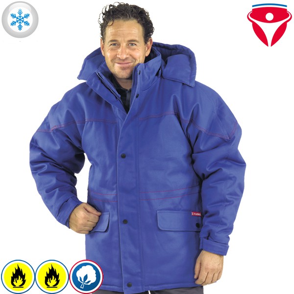 Mann trägt blauen Kälteschutzparka mit Kapuze – gefütterte Arbeitsjacke für Kühlhaus, Winter und kalte Arbeitsbereiche