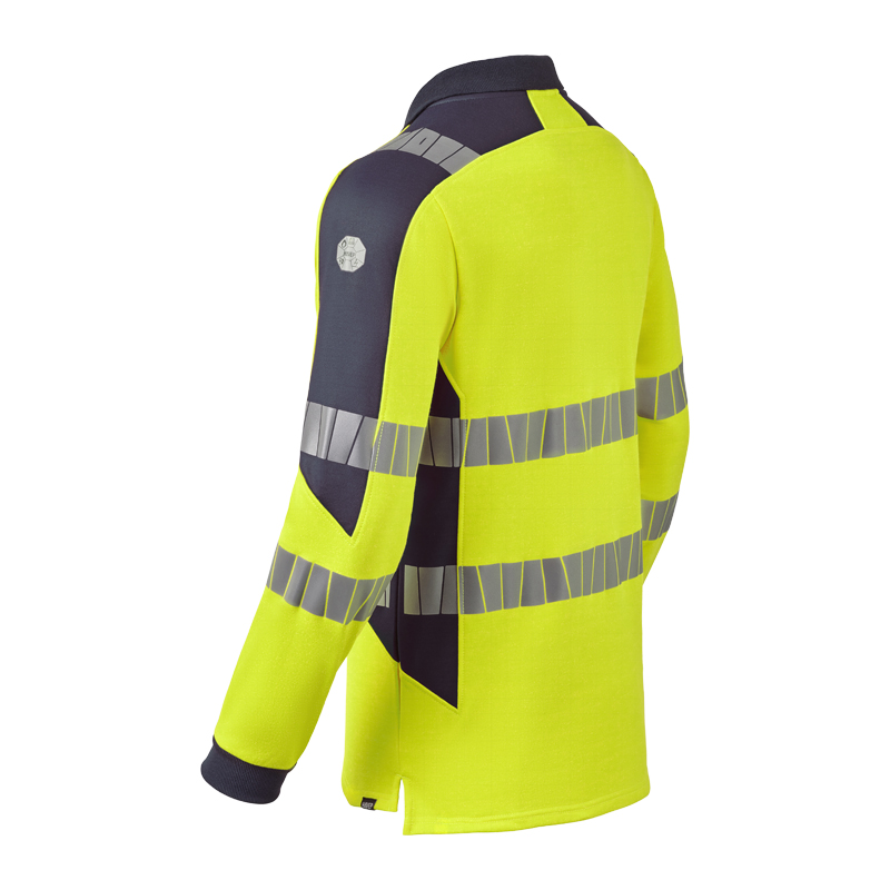 Rückansicht des HaVeP 10104 MultiNorm Hi-Vis Warnschutz Sweat-Shirts inhärent in Gelb-Marine mit reflektierenden Streifen und hohem Kragen