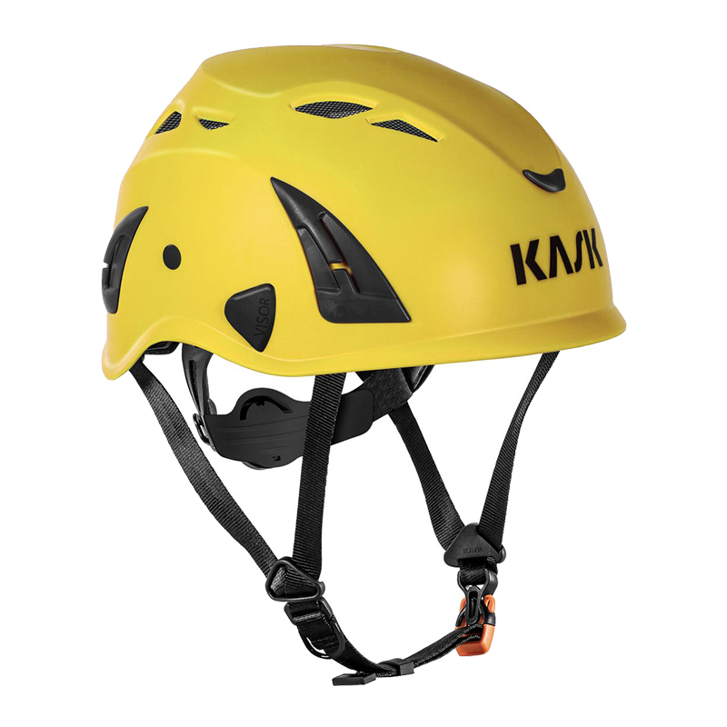KASK SUPERPLASMA AQ Industriehelm EN 397 von Kask in Gelb, Seitenansicht mit Belüftungsöffnungen, Kinnriemen und Größenverstellung