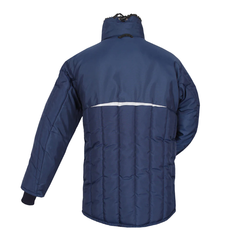 Rückenansicht der TEMPEX CLASSIC 2.0 Kommissionierer Gefrierhaus Jacke von HB Protective Wear in Navy, wasserabweisende Kälteschutzjacke mit Reflexstreifen für Arbeiten bis -49 °C