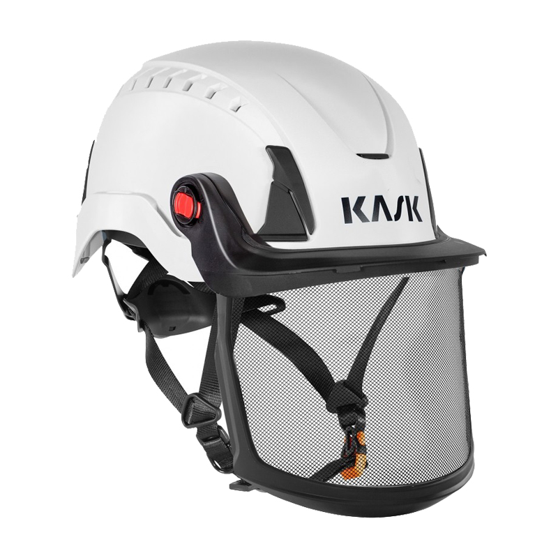 Weißer KASK Zenith-X Helm mit montiertem KASK ZEN Metal Mesh Metallgitter-Visier für Gesichtsschutz nach EN 1731