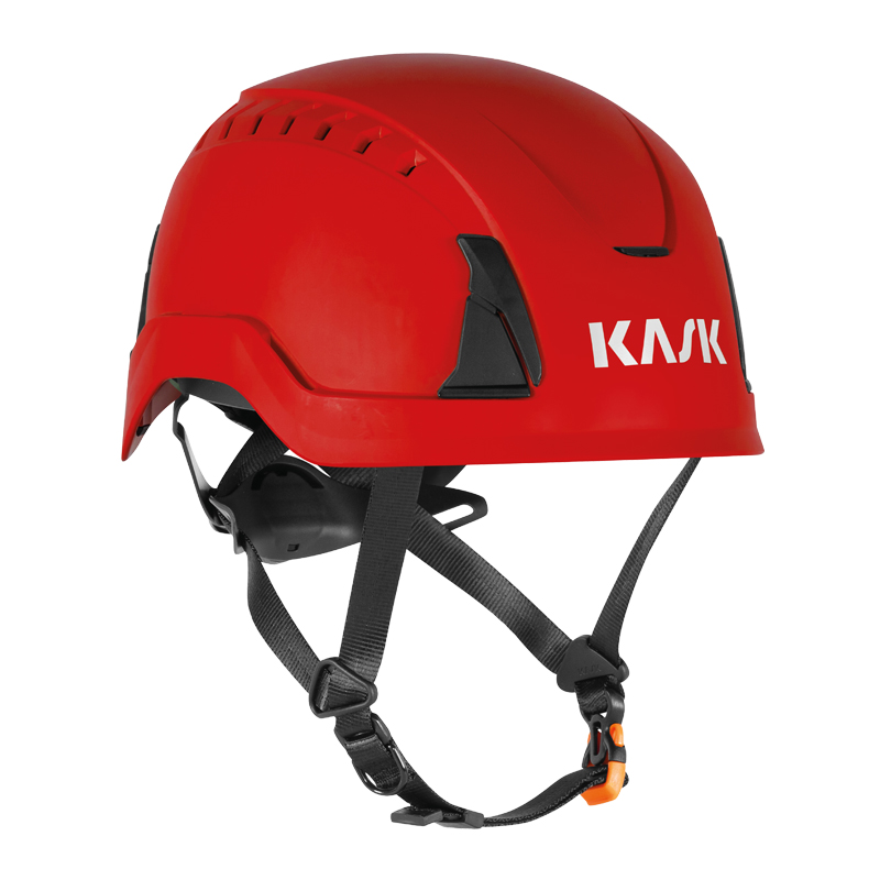 Roter Kask PRIMERO AIR Industriehelm nach EN 397 + EN 50365 mit Belüftungsschlitzen, Kinnriemen und Kask Logo, Seitenansicht