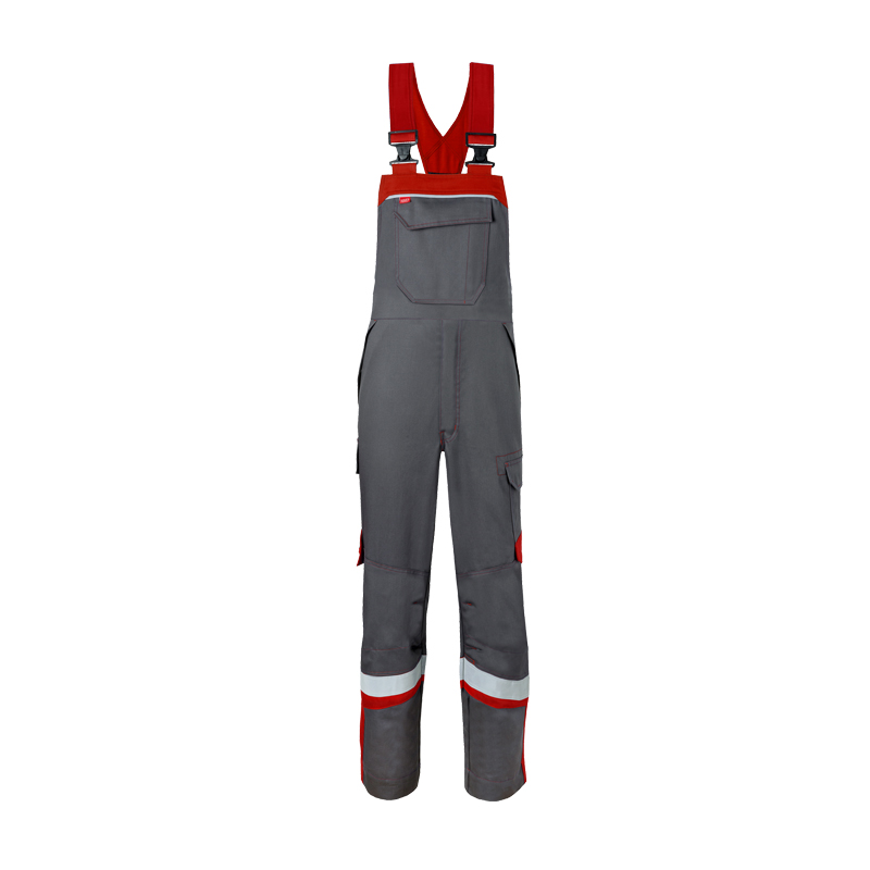 HaVeP 5Safety Image+ 20288 MultiNorm Latzhose APC1 von HaVeP, grau-rot, Frontansicht mit verstellbaren Trägern, Brusttasche und Reflexstreifen an den Beinen