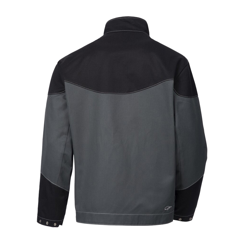 Rückansicht des HB MODarc MultiNorm Blouson 4 kA + 7 kA | APC2 von HB Protective Wear in Grau-Schwarz mit Stehkragen und langen Ärmeln