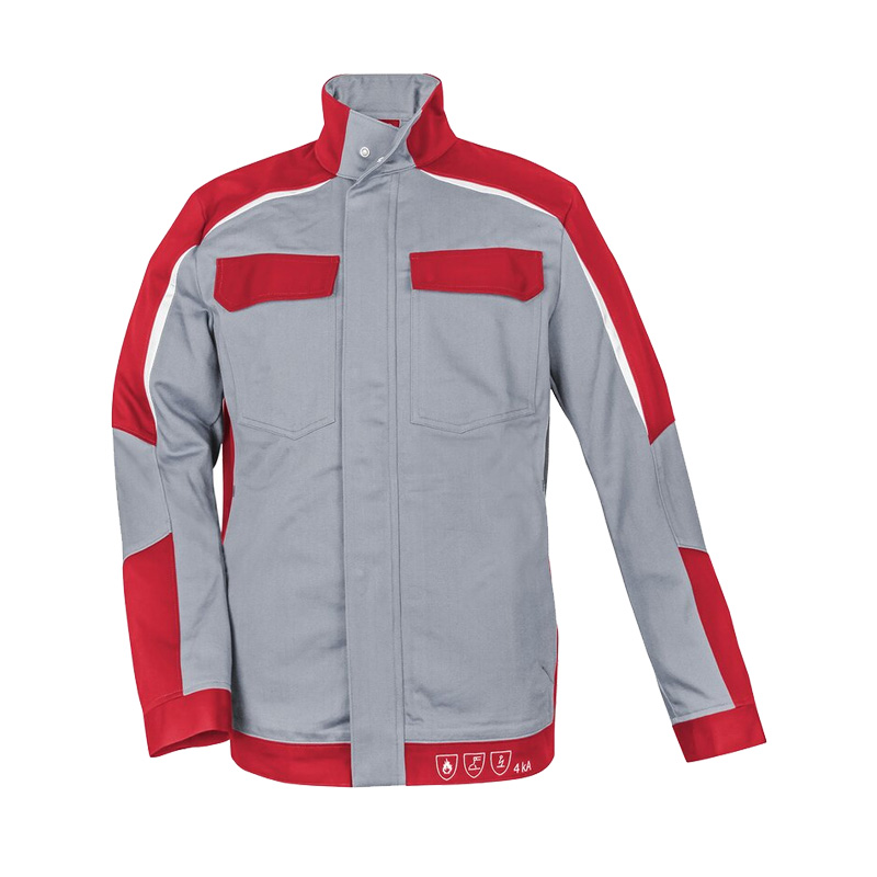 HB ArcSelect MultiNorm Jacke 4 kA | APC1 von HB Protective Wear, grau-rote Schutzjacke mit Stehkragen und Brusttaschen, Vorderansicht
