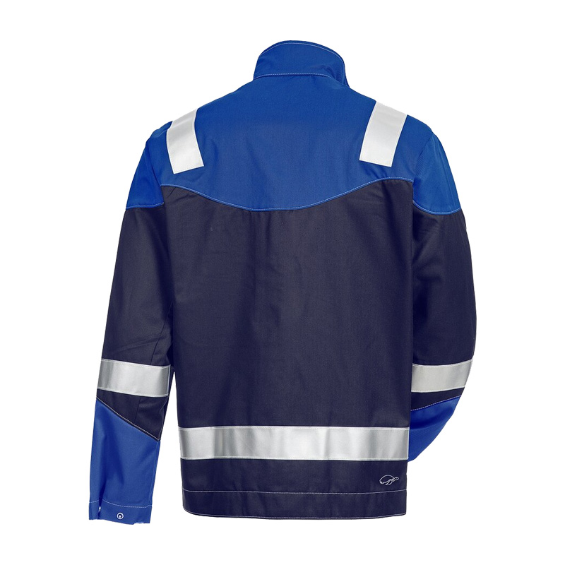 Rückansicht des HB Protective Wear HB MODarc MultiNorm Blouson 4 kA + 7 kA | APC2 in Blau/Dunkelblau mit Reflexstreifen an Schultern, Ärmeln und Saum.
