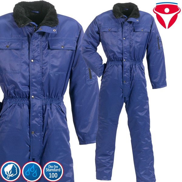 Blauer Arbeits-Thermooverall mit Kunstfellkragen, Frontansicht und Detailansicht, wasserabweisend, Oeko-Tex Standard 100