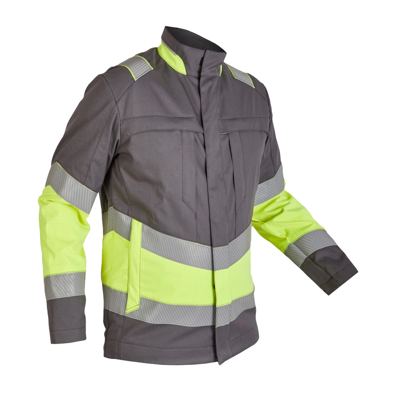 Rofa Multi-Light HI-VIS I 2504 MultiNorm Jacke 4 kA | APC1, graue Warnschutzjacke in Neongelb mit umlaufenden Reflexstreifen und Stehkragen