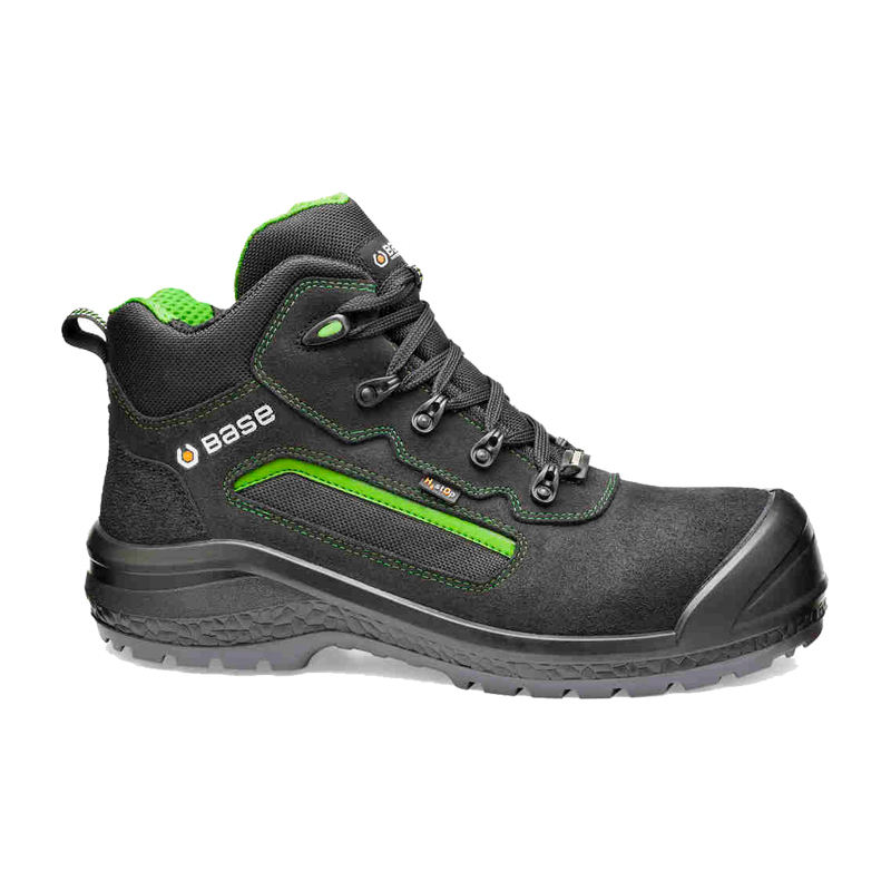 BASE Be-Powerful Top S7S Sicherheitsstiefel B0898S metallfrei, schwarzer Arbeitsstiefel mit grünen Akzenten, seitliche Produktansicht