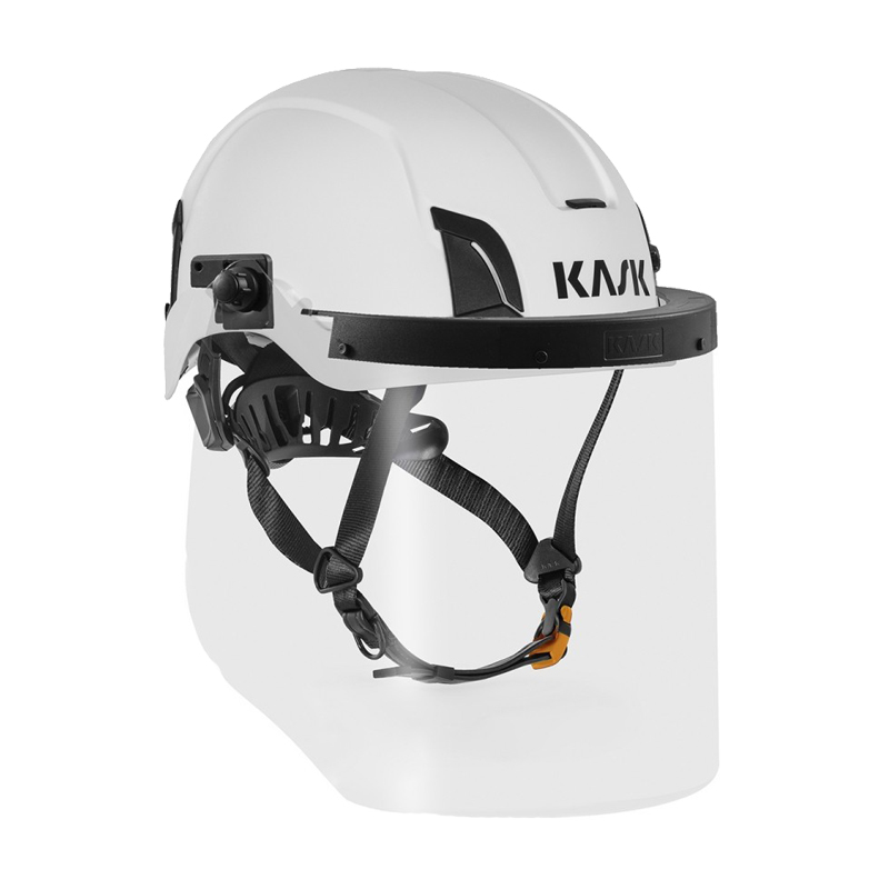 KASK ARC VISOR Störlichtbogen-Visier Klasse 1 APC1 aus Polycarbonat, montiert an weißem Schutzhelm für Arbeiten an unter Spannung stehenden Teilen