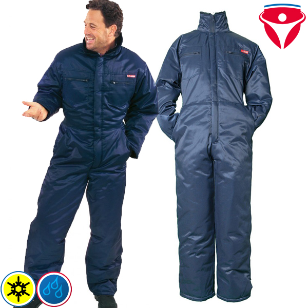 Abgebildet ist ein marineblauer, gefütterter Thermo-Arbeitsoverall mit Stehkragen, Reißverschluss und Taschen – ideal für kalte und nasse Einsatzbereiche.