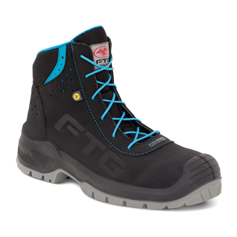 FTG Firebrand S3S ESD Sicherheitsstiefel metallfrei aus schwarzem wasserabweisendem Sicherheitsnubukleder, hoher Arbeitsstiefel mit blauen Schnürsenkeln und robustem Zehenschutz