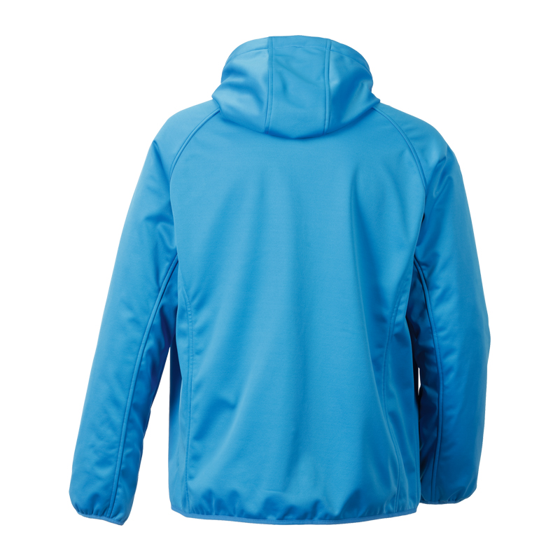Rückansicht der blauen Planam Fog Softshelljacke mit Stretch und Kapuze, funktionale Arbeitsjacke mit sportlicher Passform