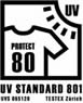 PROTECT 80 - UV Standard 801 für bunte Textilien - Messung an gedehntem, nassem Textil, das mechanische Abnutzung durch Tragen und Textilpflege aufweist. Annahme der höchsten UV-Bestrahlung und des empfindlichsten Hauttyps. Es wird das Sonnenspektrum Australiens nachgestellt.