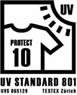 PROTECT 10 - UV Standard 801 für weisse Textilien - Messung an gedehntem, nassem Textil, das mechanische Abnutzung durch Tragen und Textilpflege aufweist. Annahme der höchsten UV-Bestrahlung und des empfindlichsten Hauttyps. Es wird das Sonnenspektrum Australiens nachgestellt.