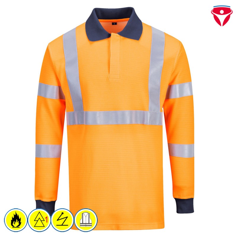 PortWest FR76 flammhemmendes MultiNorm Warnschutz RIS Langarm Polo-Shirt