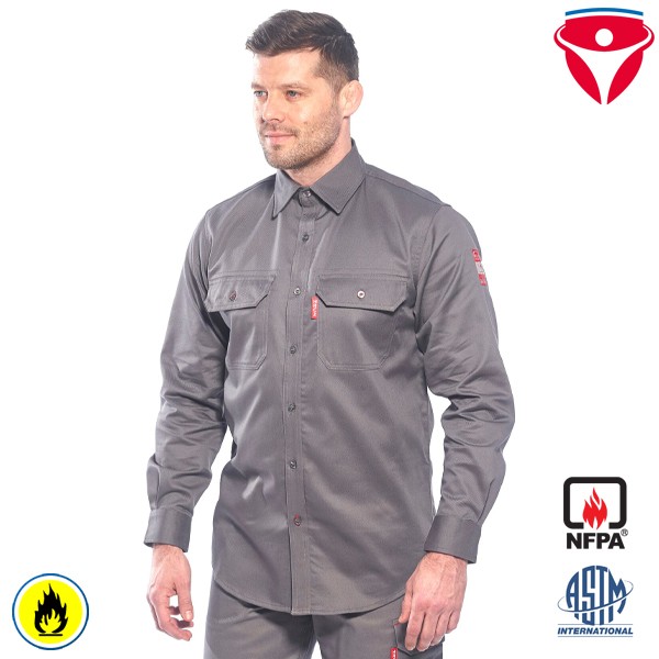 PortWest FR89 graues Flammschutz Arbeitshemd