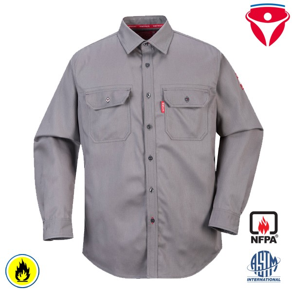 PortWest FR89 graues Flammschutz Arbeitshemd