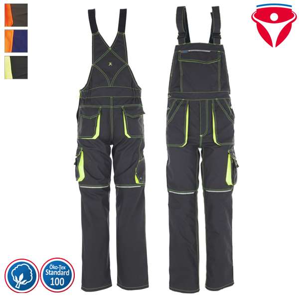 Planam Visline Latzhose Größe 52 – Schwarz/orange, Polyester-Baumwolle-Mix